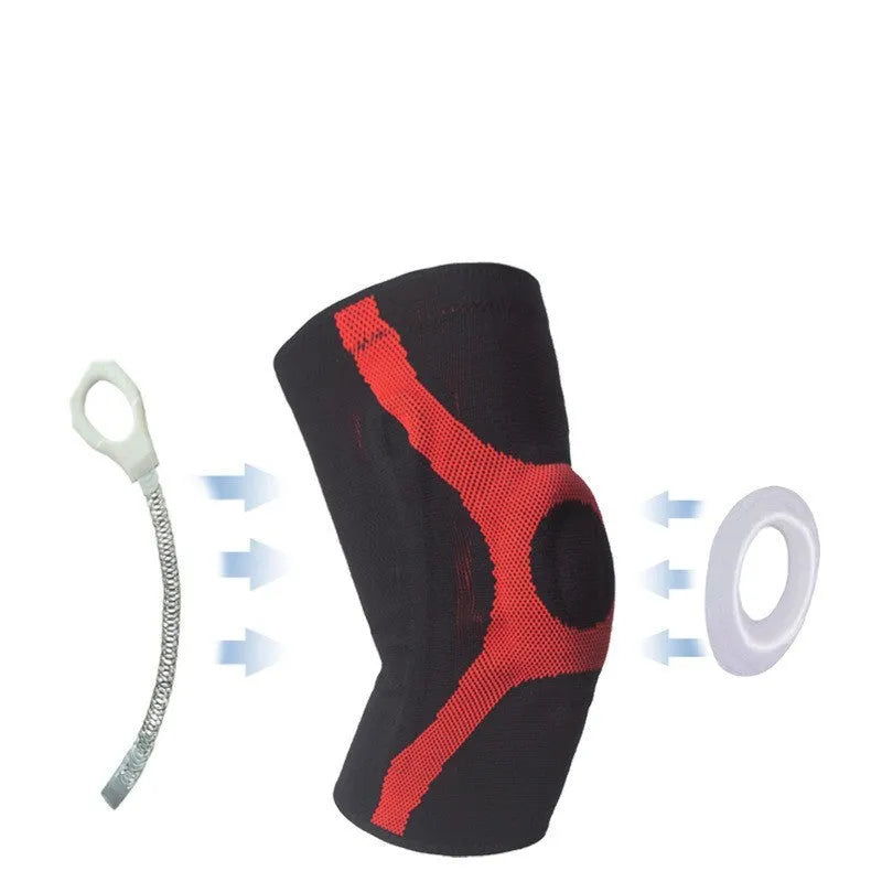 Knitted sports knee pads with silicone non-slip grippers in grey and red colours