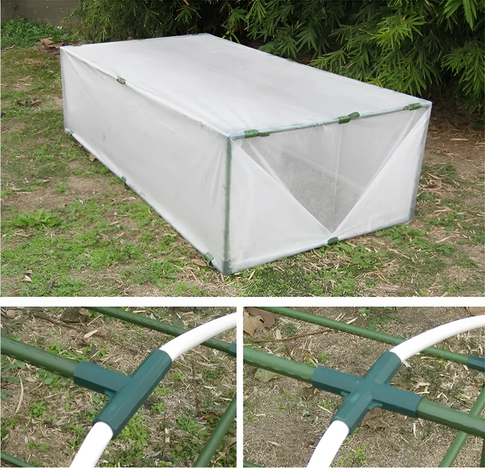 Two white PP plastic plant support connectors for 11mm garden stakes on a green background