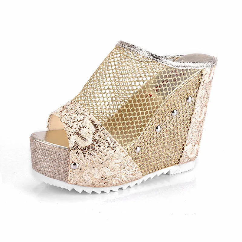 Women's black mesh flip flops with a chunky platform sole featuring a hollowed-out heel design.
