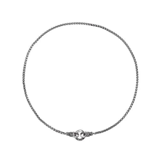 Simple sterling silver S925 necklace on a white background, showing a close-up of the chain links.