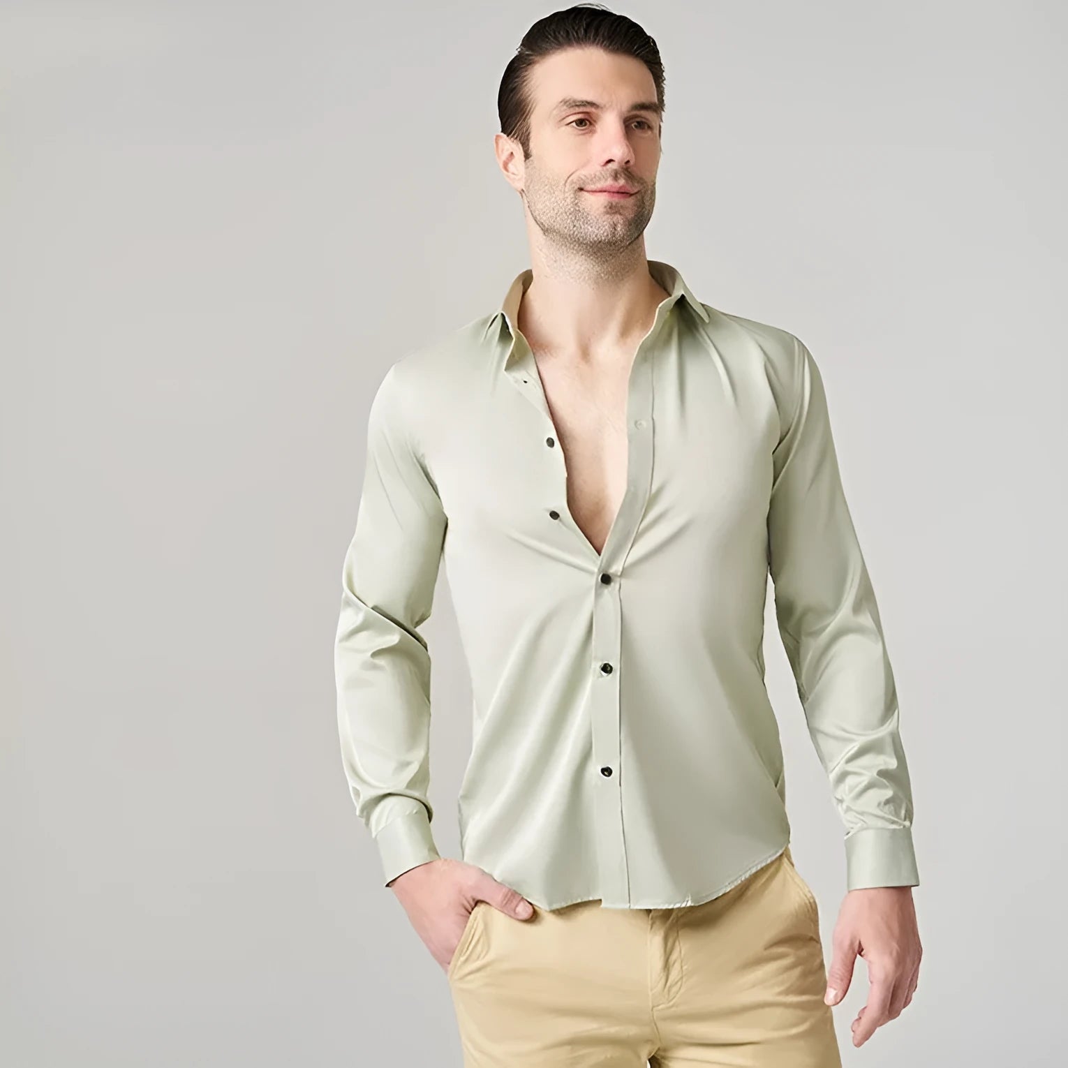 Men's stretch long sleeve work shirt in polyester fibre showing colour options and sizing details
