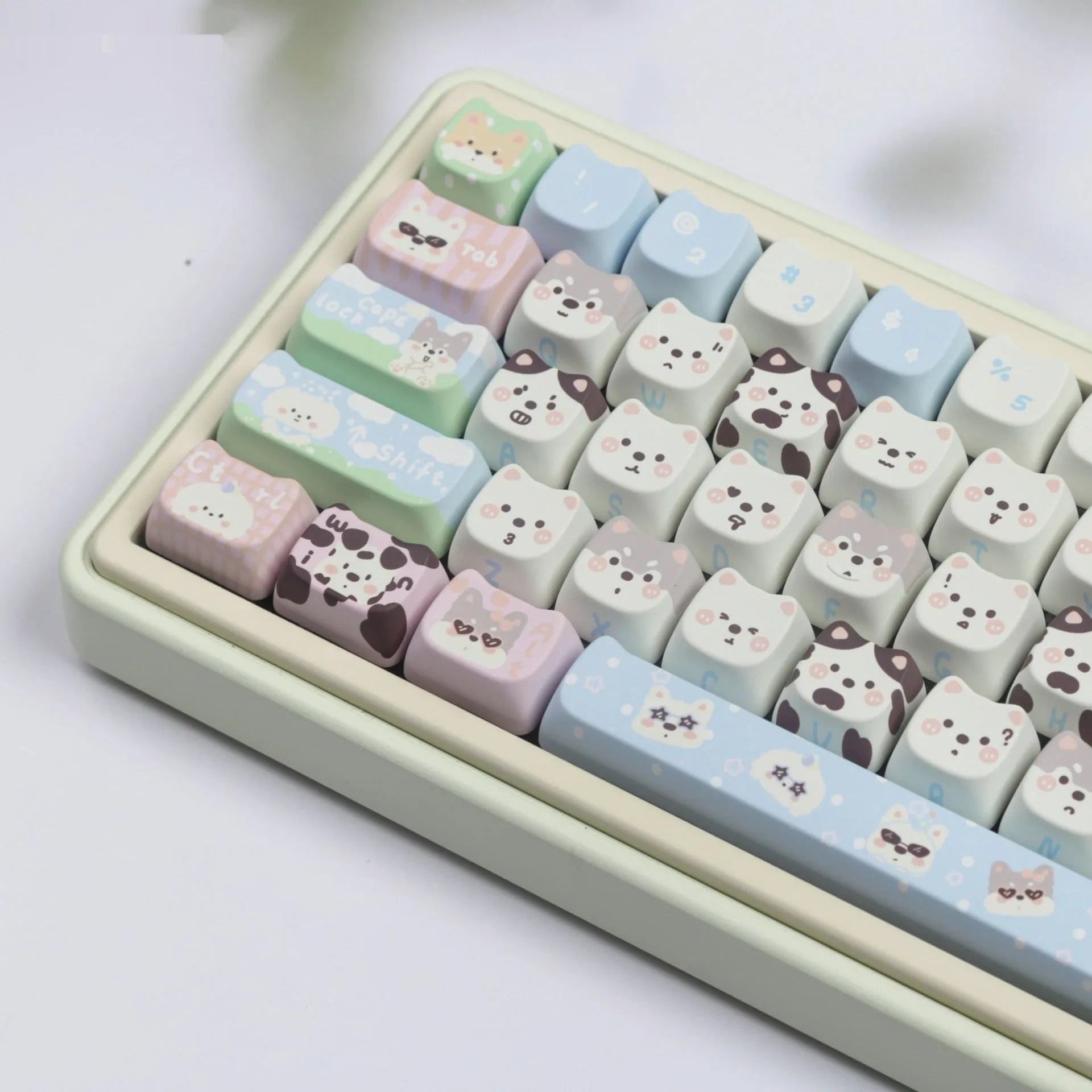 Full set of colourful PBT key caps for mechanical keyboards with printed cat and puppy designs.