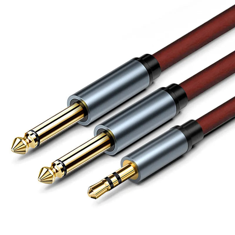 3.5mm to two 6.35mm male audio splitter cable with black cord and metal connectors