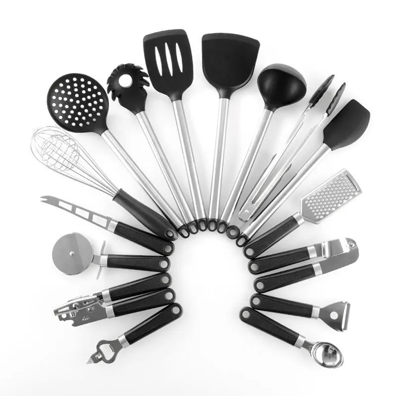 Black silicone kitchen utensil set with stainless steel handles showing 16 cooking tools