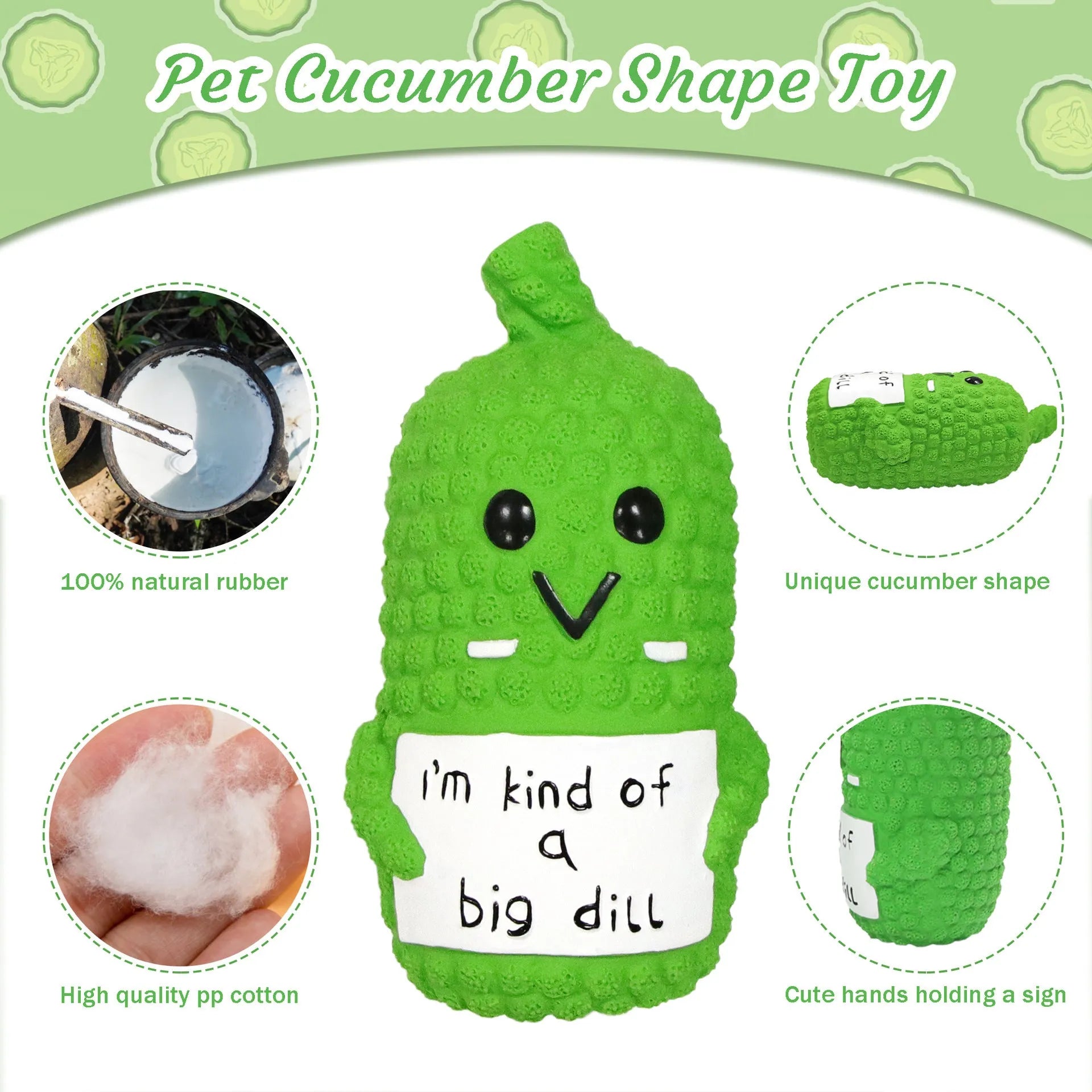 Green pickle-shaped dog chew toy with textured surface and squeaker for teething puppies