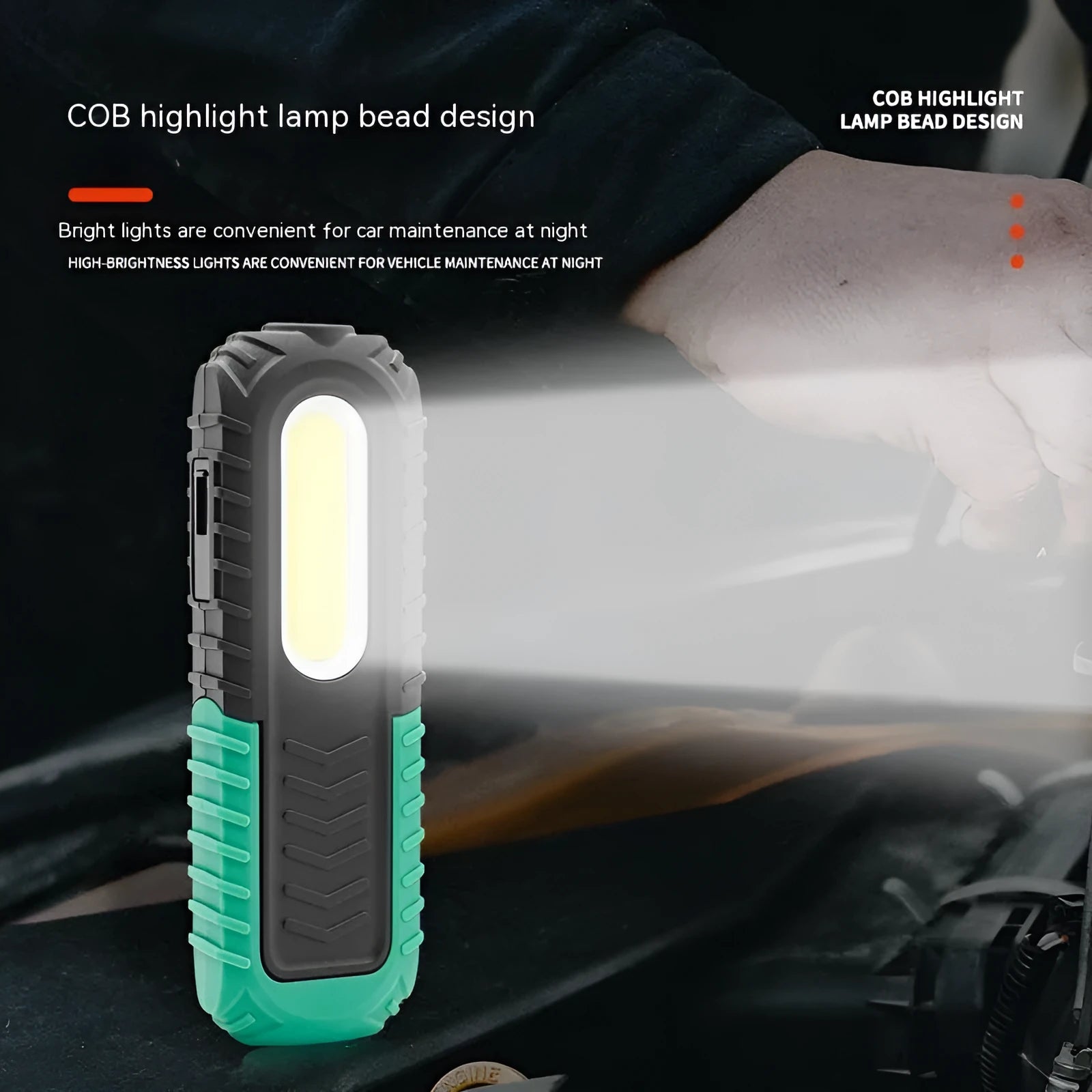 Black and green PET-coated auto repair work light with USB charging port and compact 165mm design