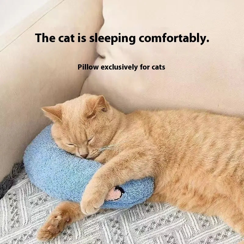 Cat sleeping mat with U-shaped neck pillow in blue colour with question mark design