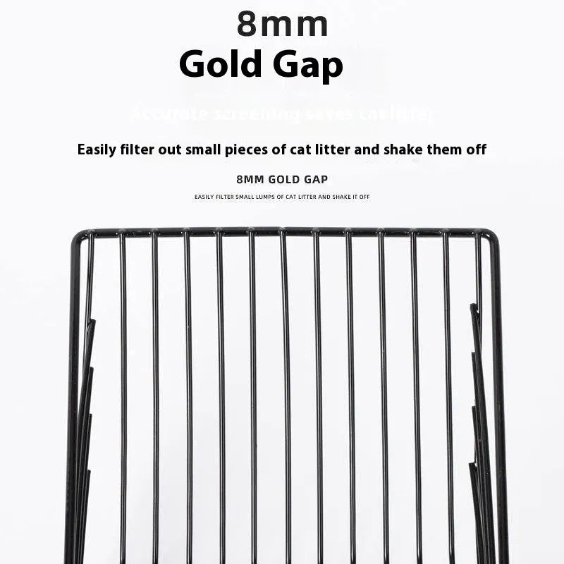 Black metal cat litter scoop with narrow tines for sifting waste from litter