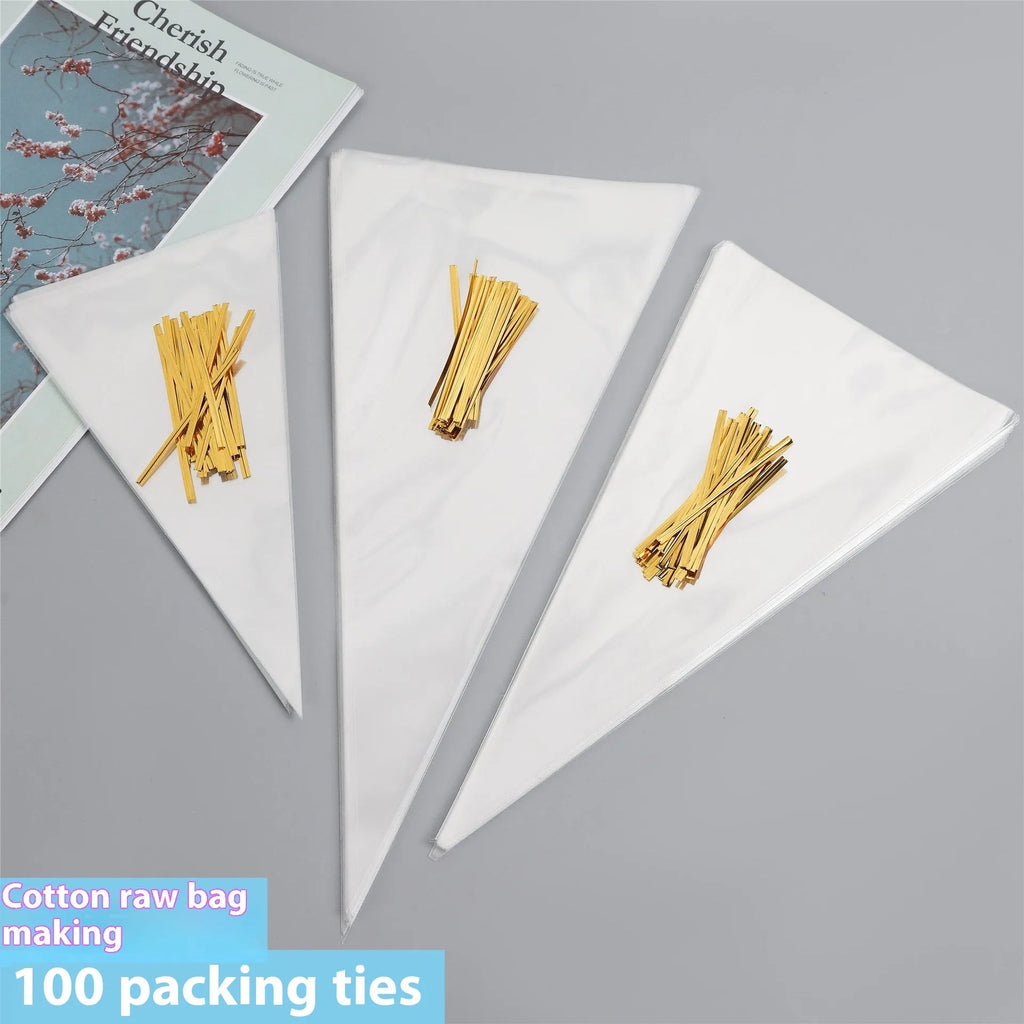 Clear triangular OPP plastic packaging bag with a twisted wire seal, shown next to a pack of bags.