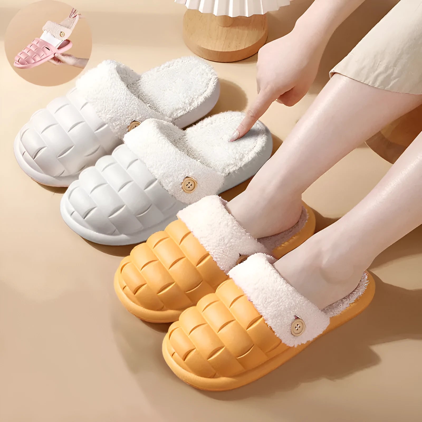 Plaid detachable EVA slippers with plush lining, shown in pink, with a round toe and flat sole.