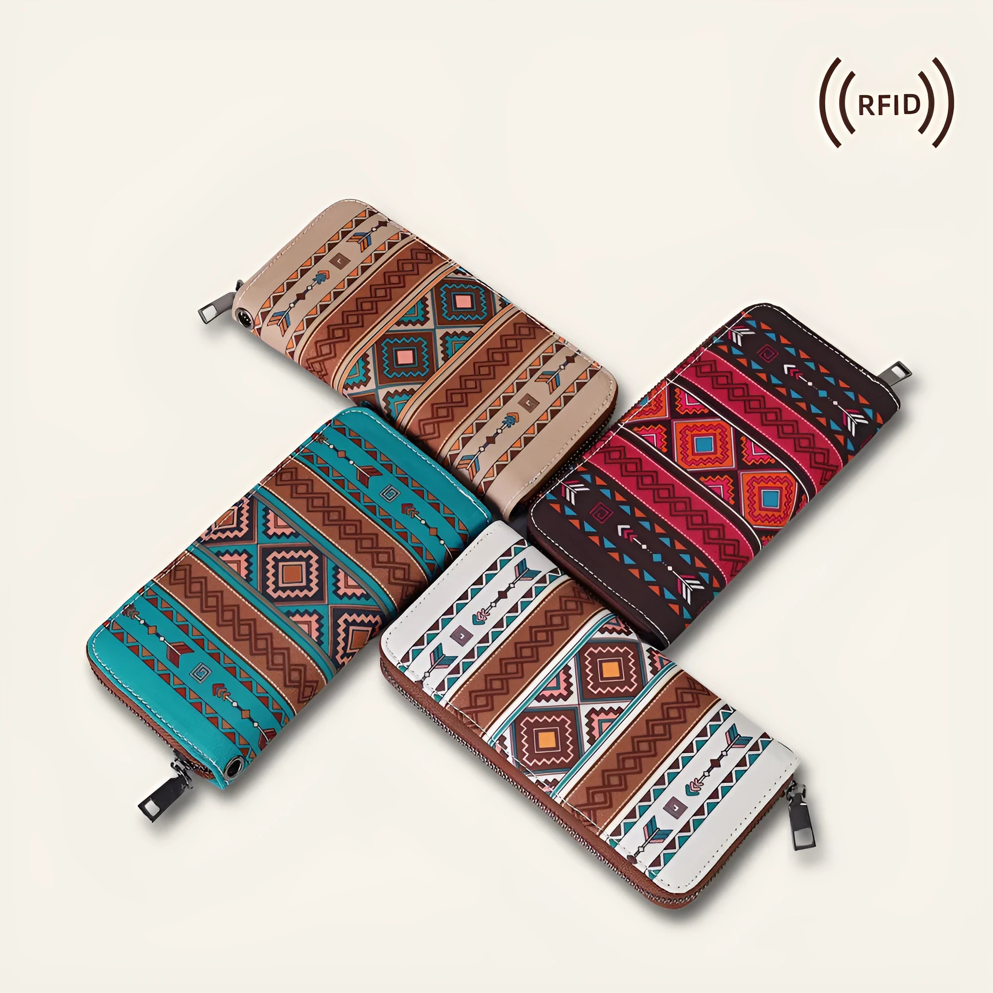 Bohemian striped RFID wallet in canvas with anti-theft card protection measuring 20x10cm