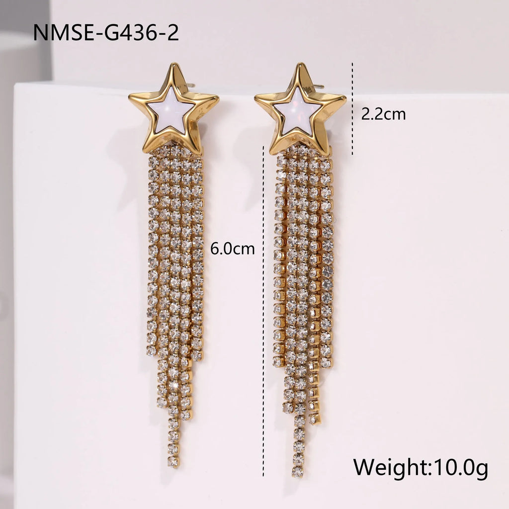 Women's stainless steel drop earrings with heart shape, star charm and diamond tassel detailing in 18K electroplated finish