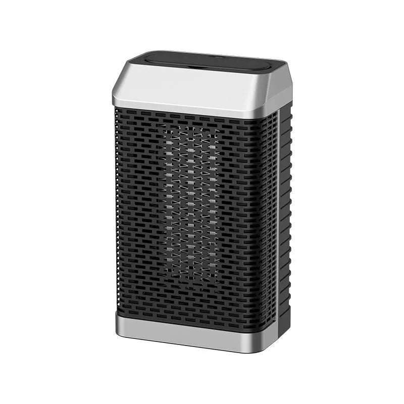 Black smart desktop electric heater with remote control on a wooden desk