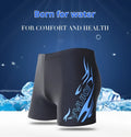 Men's plus size blue flame pattern boxer swimming trunks with inner lining