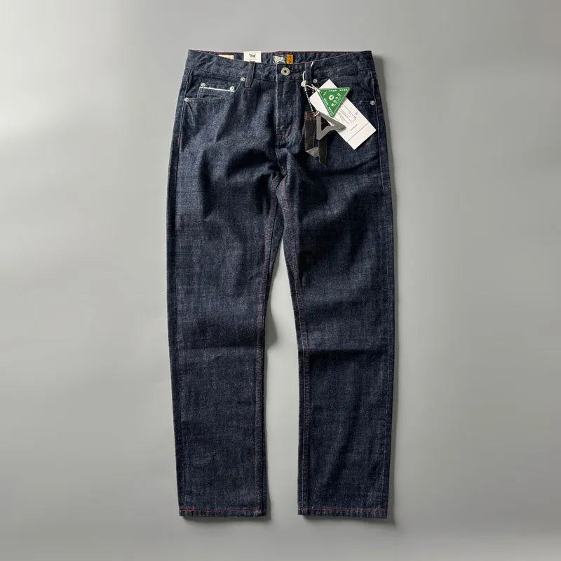 Men's straight leg denim trousers in primary colour with mid-rise waist