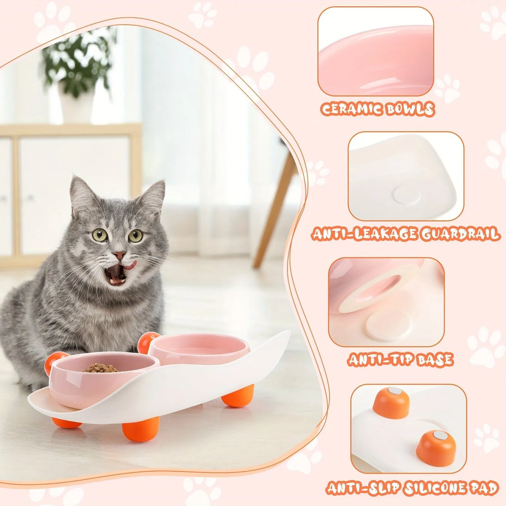 Raised ceramic double pet feeding bowl in pink, yellow, and pink yellow colour options on a floor.