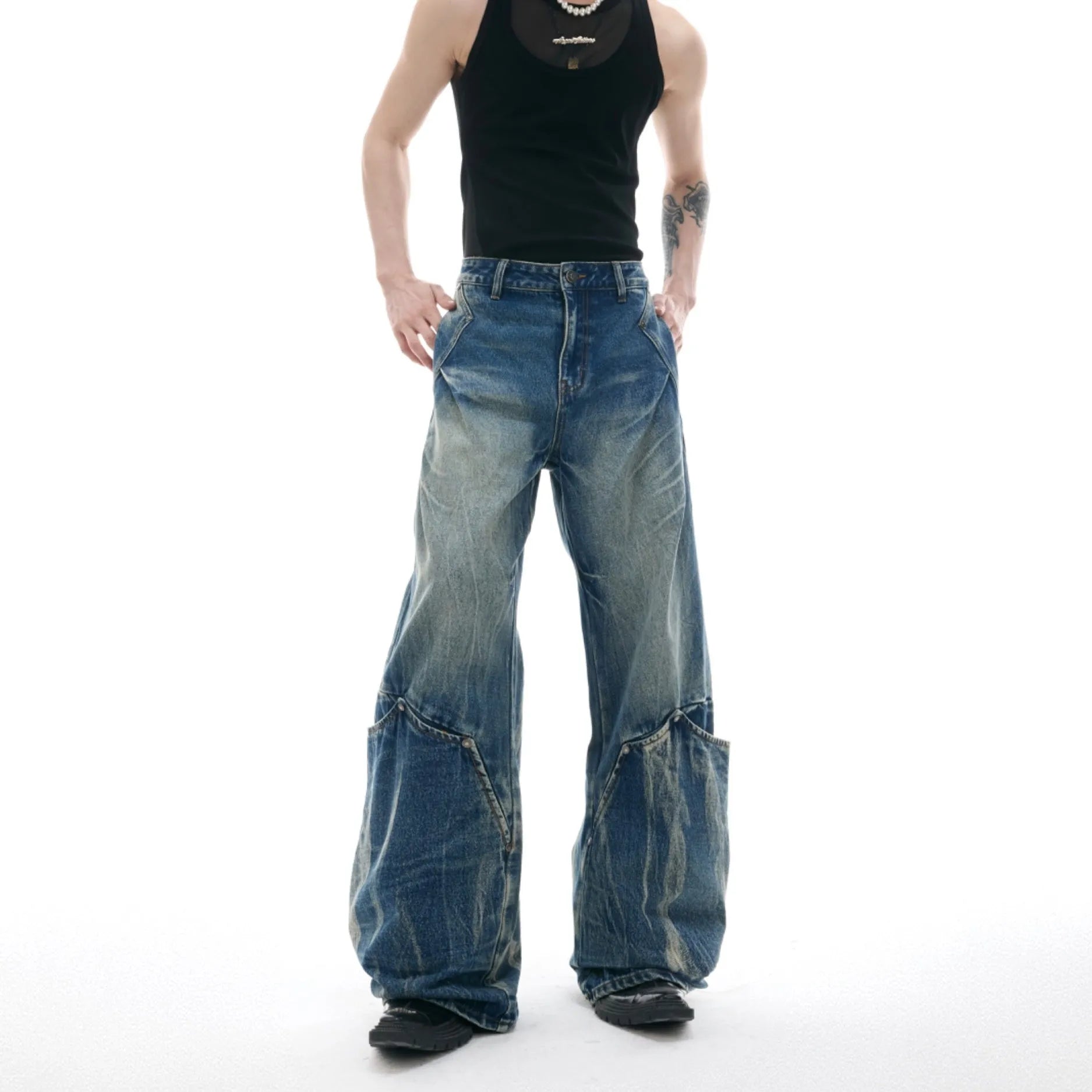 Men's verdant blue retro jeans with washed burst pattern and curved knife detailing