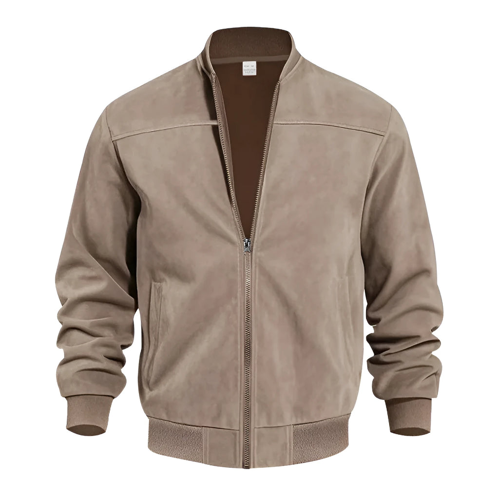 Men's plus size suede zip-front jacket in army green on a hanger