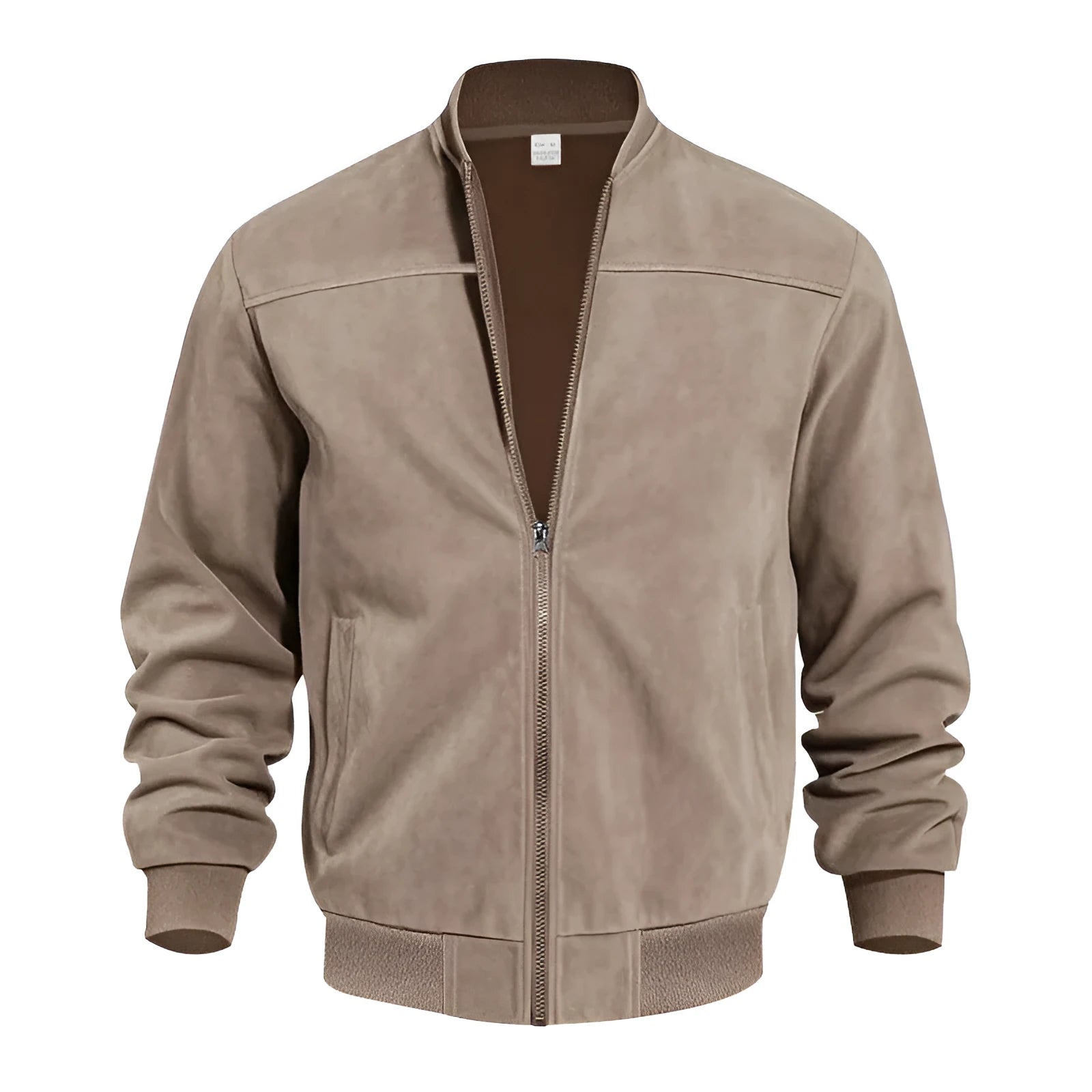 Men's plus size suede zip-front jacket in army green on a hanger