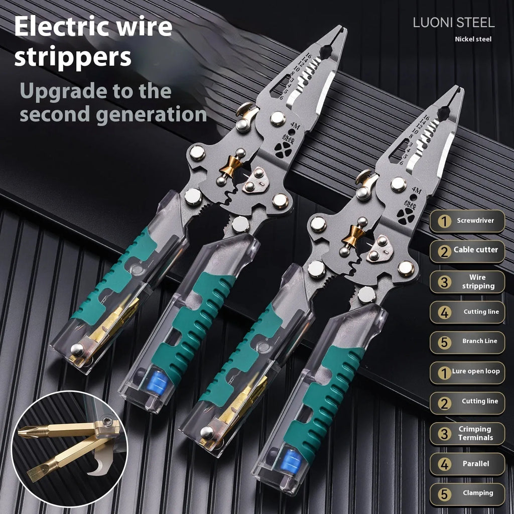 8.8-inch multi-functional electricians' pliers with wire stripper and hardened steel cutting edge