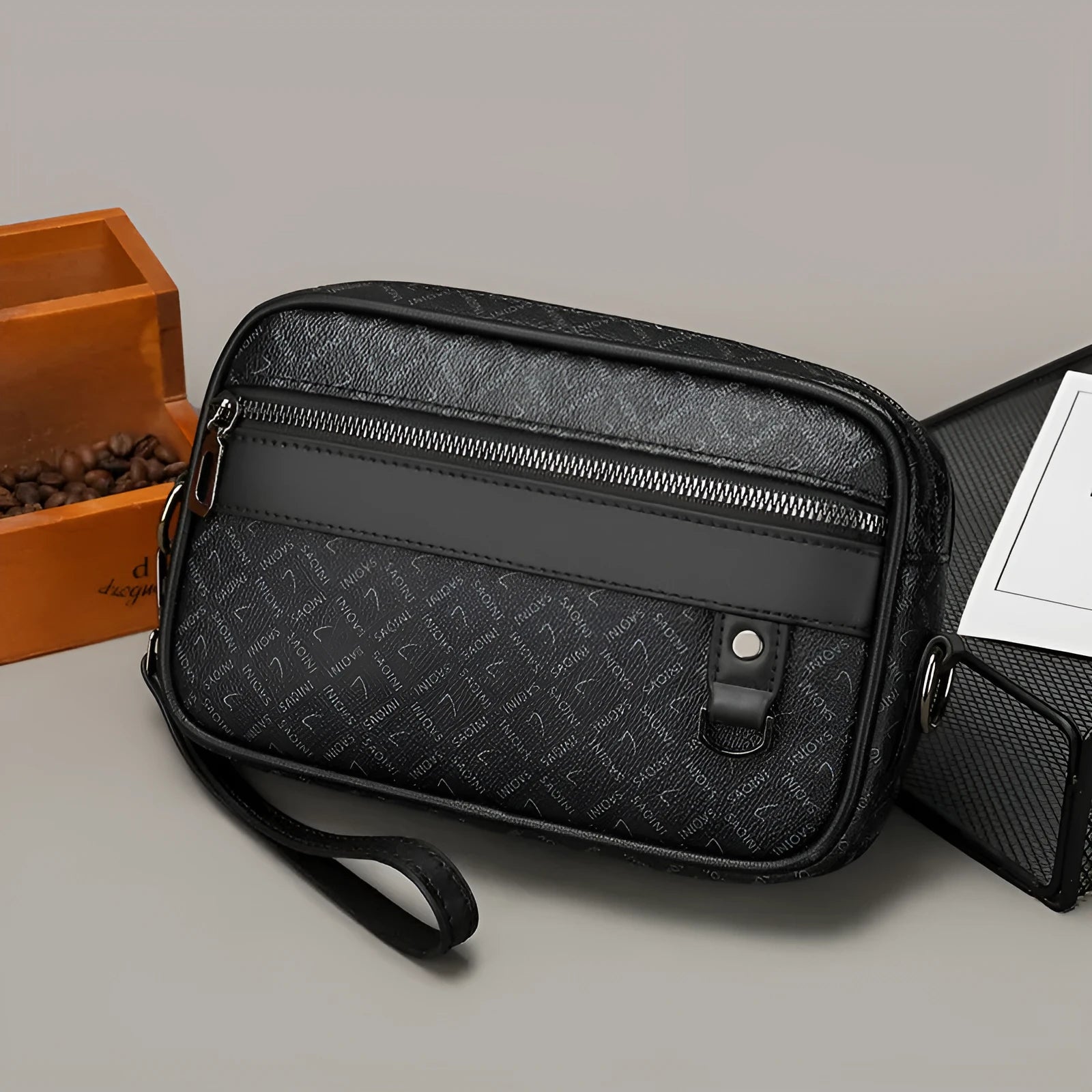 Men's geometric pattern PU messenger bag in horizontal handheld design with crossbody strap