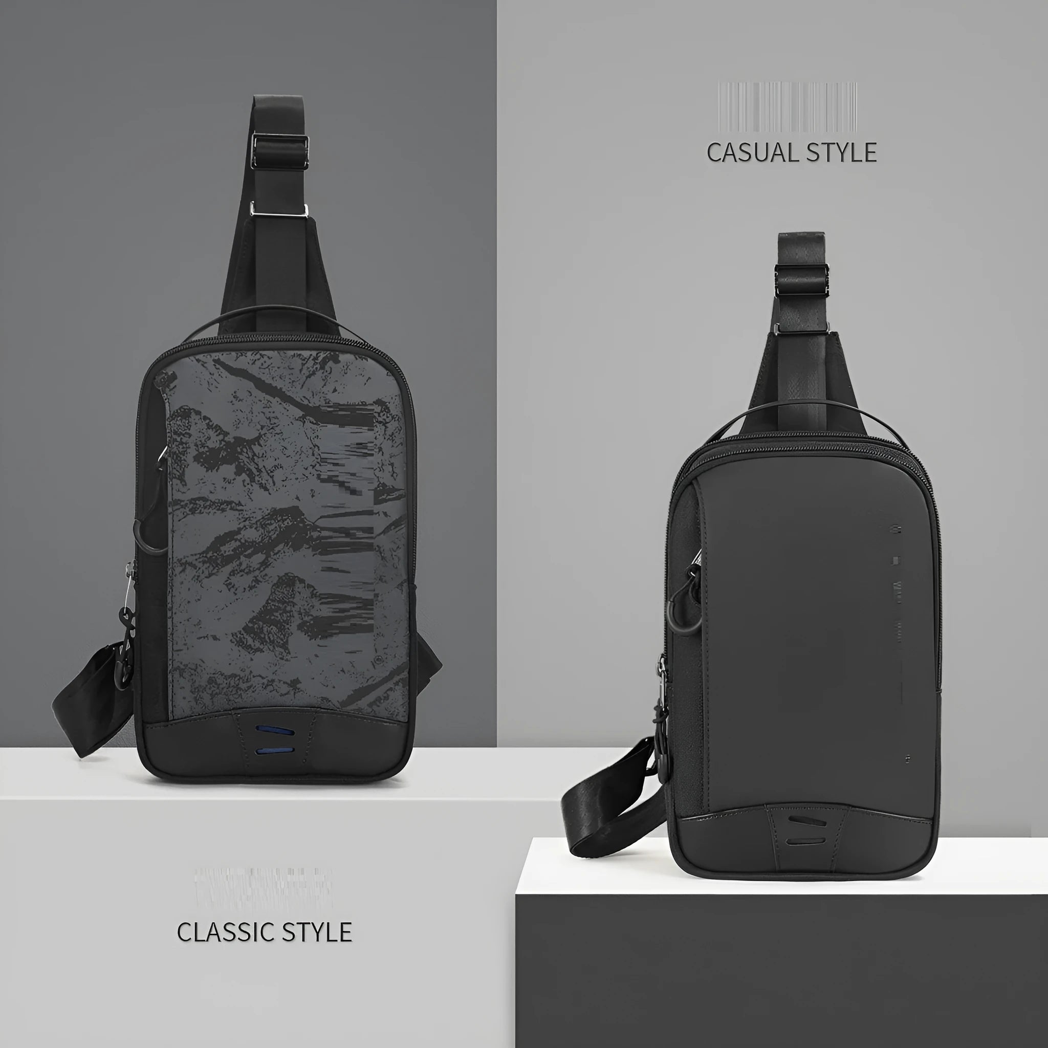 Casual black TPU camouflage chest bag with a soft handle and single shoulder strap.