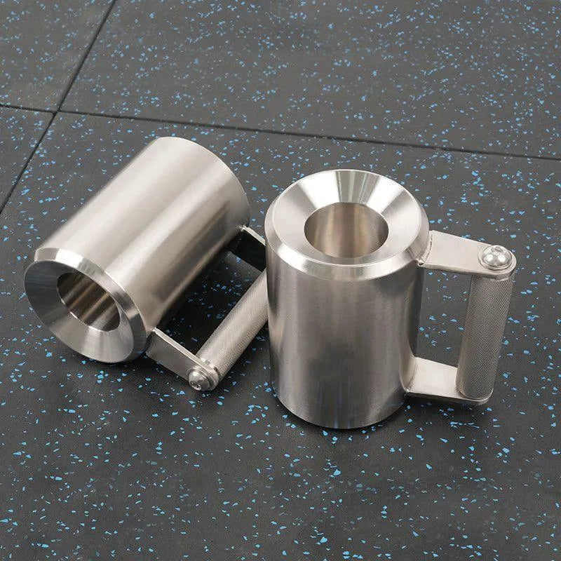 Silver stainless steel dumbbell cup weight plate weighing 8kg on a gym floor.