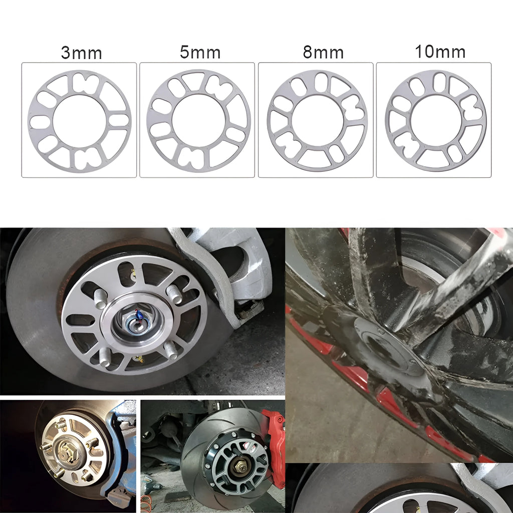 Universal automobile wheel hub widening gasket spacer in 3mm, 5mm, 8mm, and 10mm thickness options.