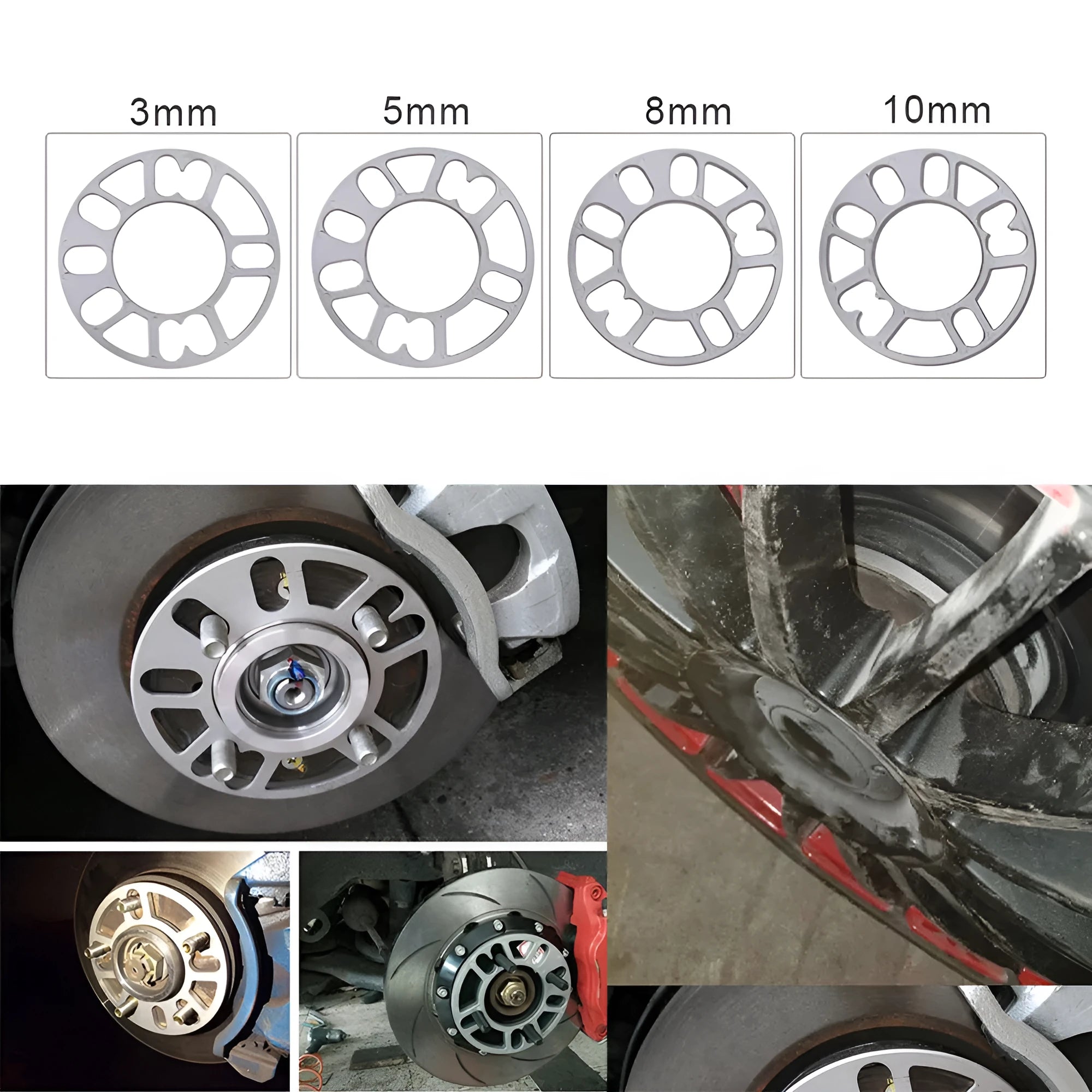 Universal automobile wheel hub widening gasket spacer in 3mm, 5mm, 8mm, and 10mm thickness options.