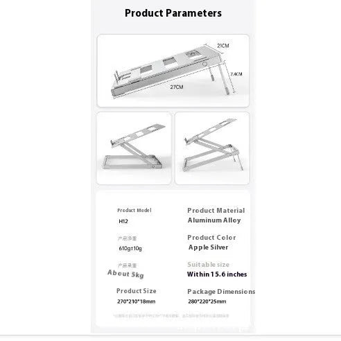 Aluminium alloy folding laptop cooling rack stand shown on a desk