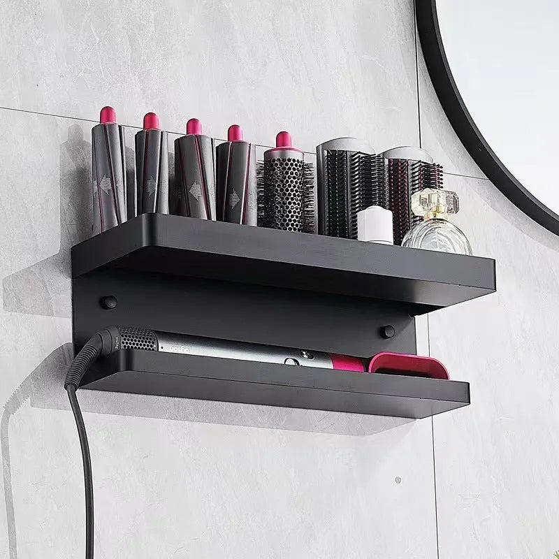 White punch-free double-layer aluminium rack holding Marcel waving irons on a bathroom wall.