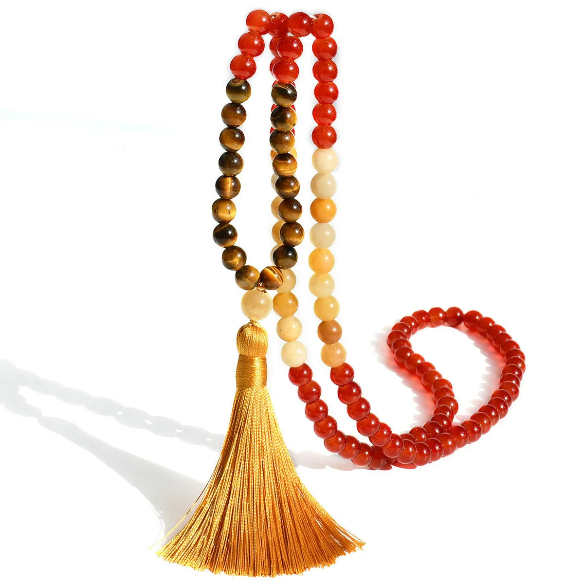 Handmade long beaded necklace with 108 natural stone tassels in bohemian style.