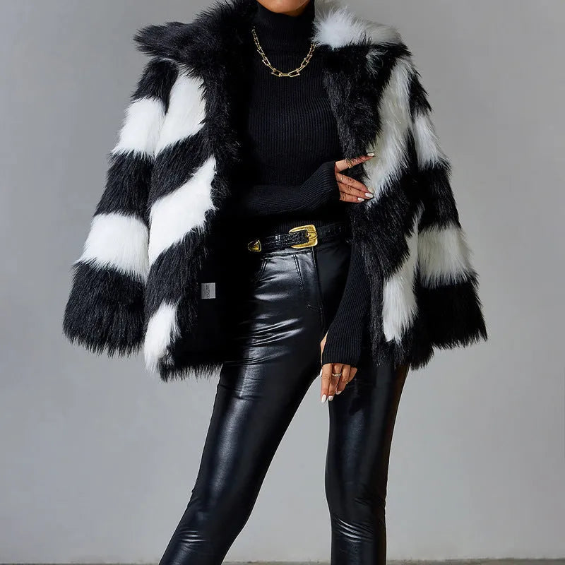 Picture colour faux fur coat with contrast lapels and fur collar, 50cm length with regular sleeves