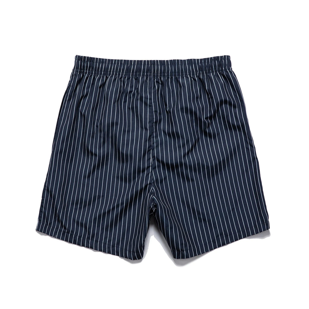 A pair of striped beach shorts in a polyester blend fabric, shown in a choice of colours with a straight leg cut.