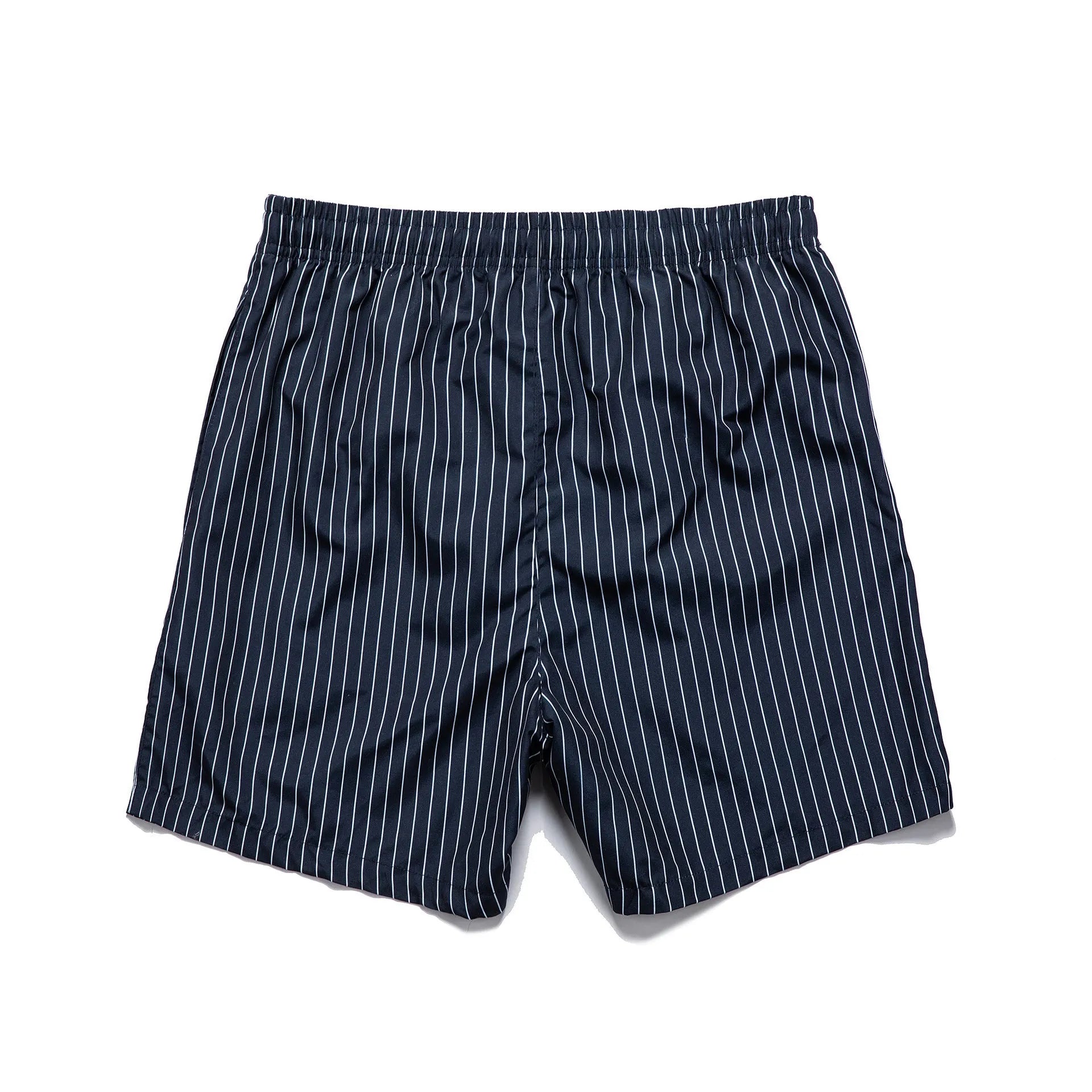 A pair of striped beach shorts in a polyester blend fabric, shown in a choice of colours with a straight leg cut.