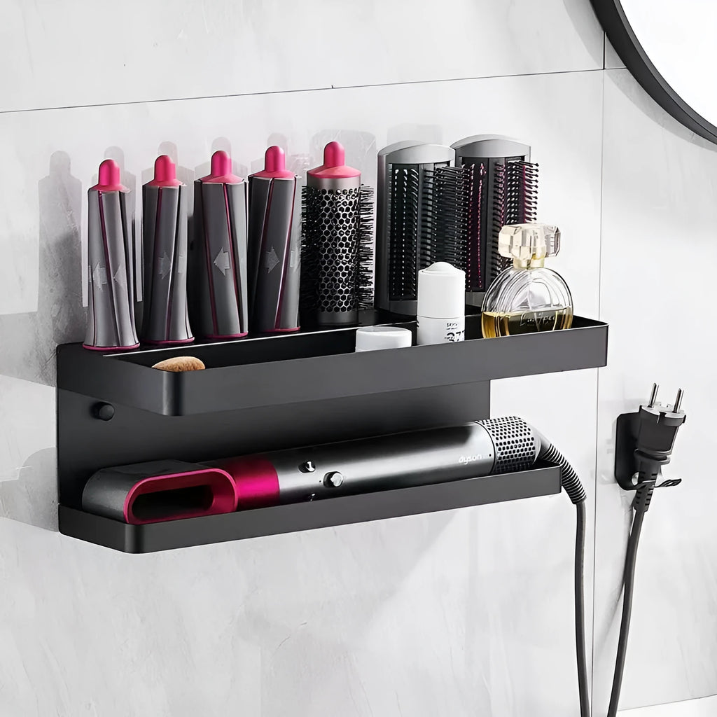 White punch-free double-layer aluminium rack holding Marcel waving irons on a bathroom wall.