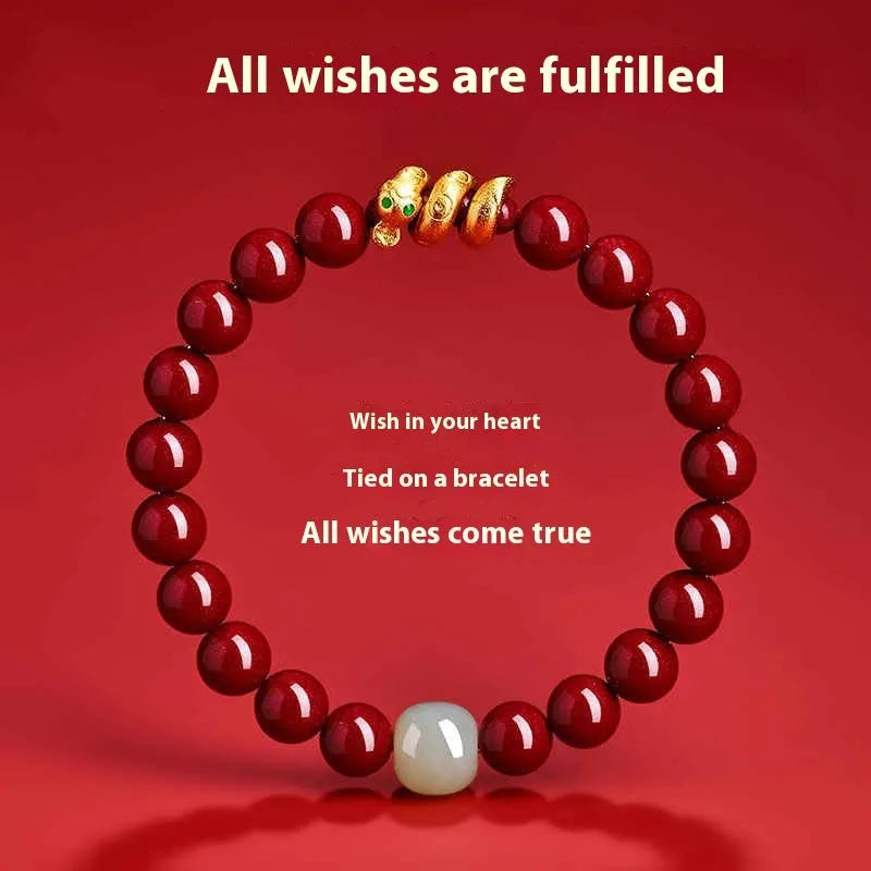 Handmade cinnabar snake zodiac bracelet with Chinese styling in 6mm or 8mm bead sizes