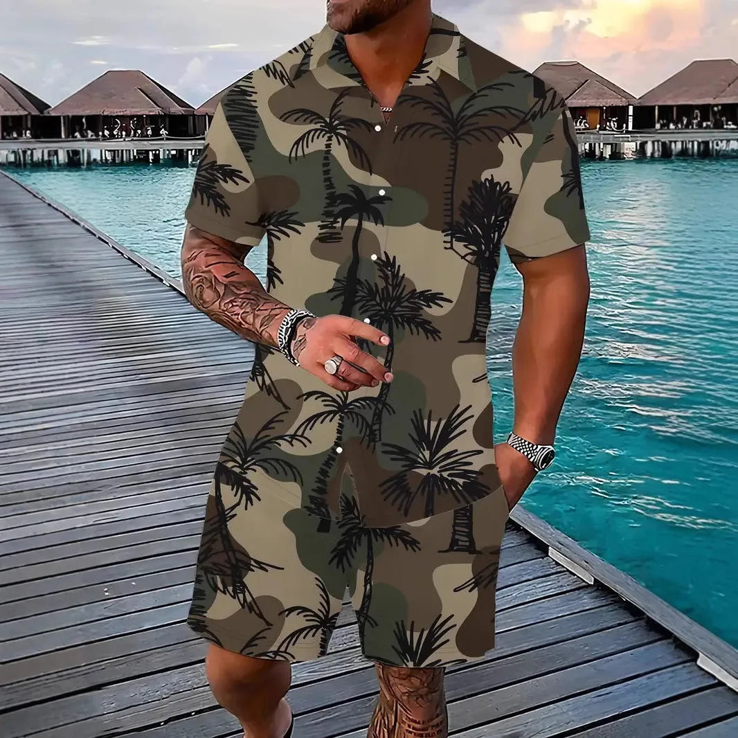 Men's colourful Hawaii print short sleeve shirt and matching shorts casual suit set.