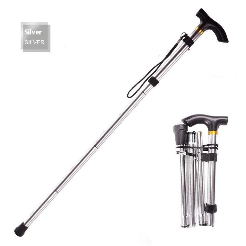 Aluminium folding walking stick adjusted to mid-length, showing non-slip rubber tip.