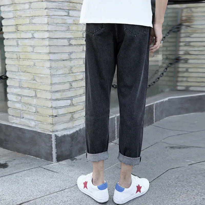 Men's loose straight leg cotton jeans in black and blue colour options