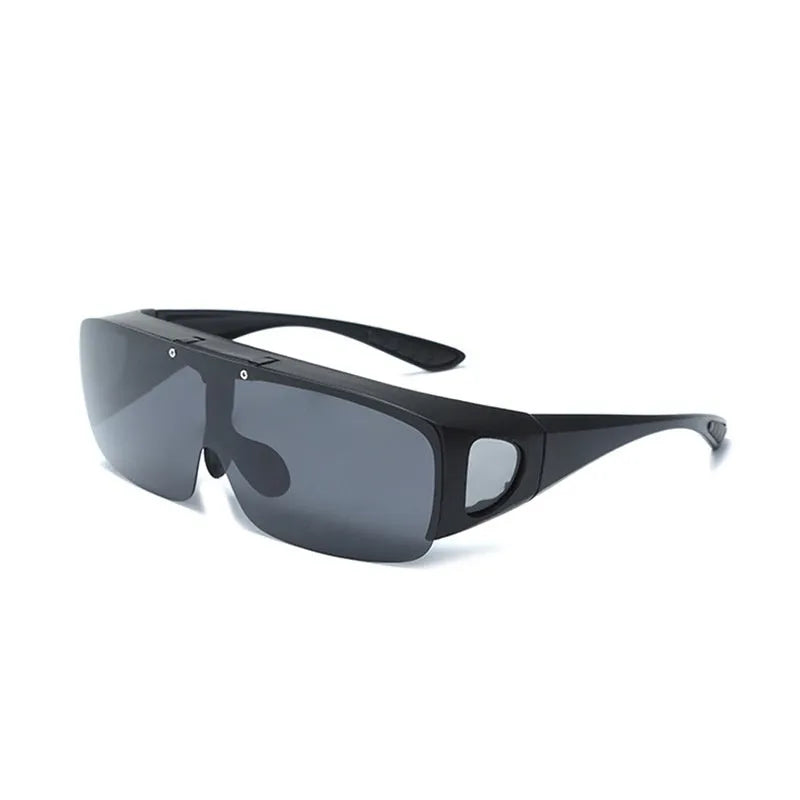 A pair of polarised sunglasses for myopia with one-piece lenses, shown in a colour option like black or green.