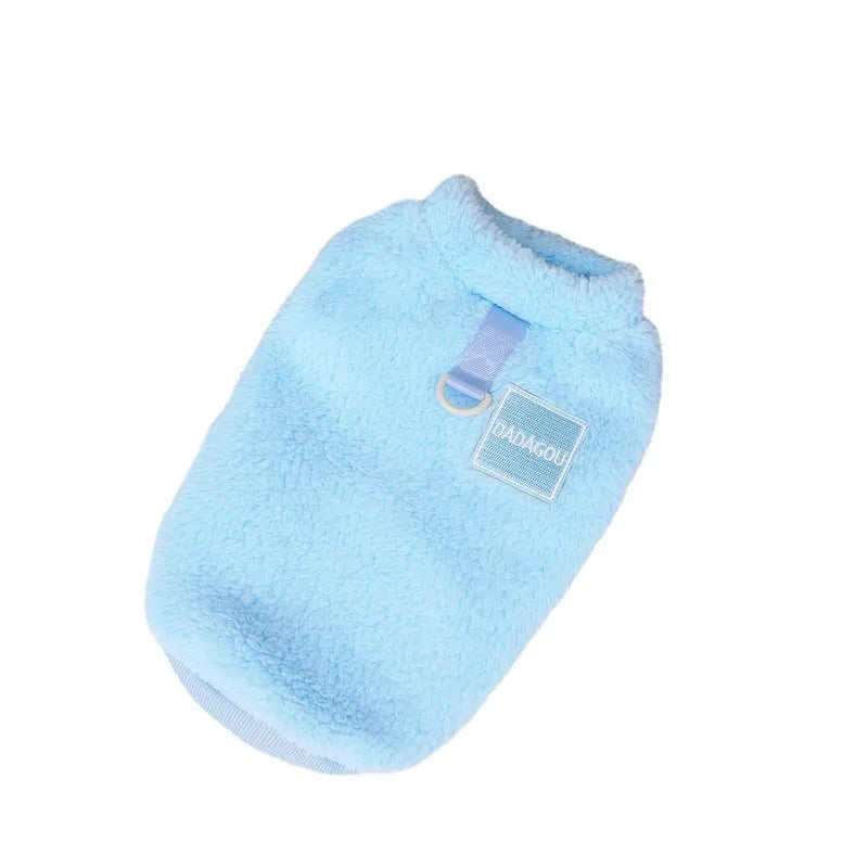 Coral fleece pet jacket for dogs and cats in blue, shown with five-colour pull rings