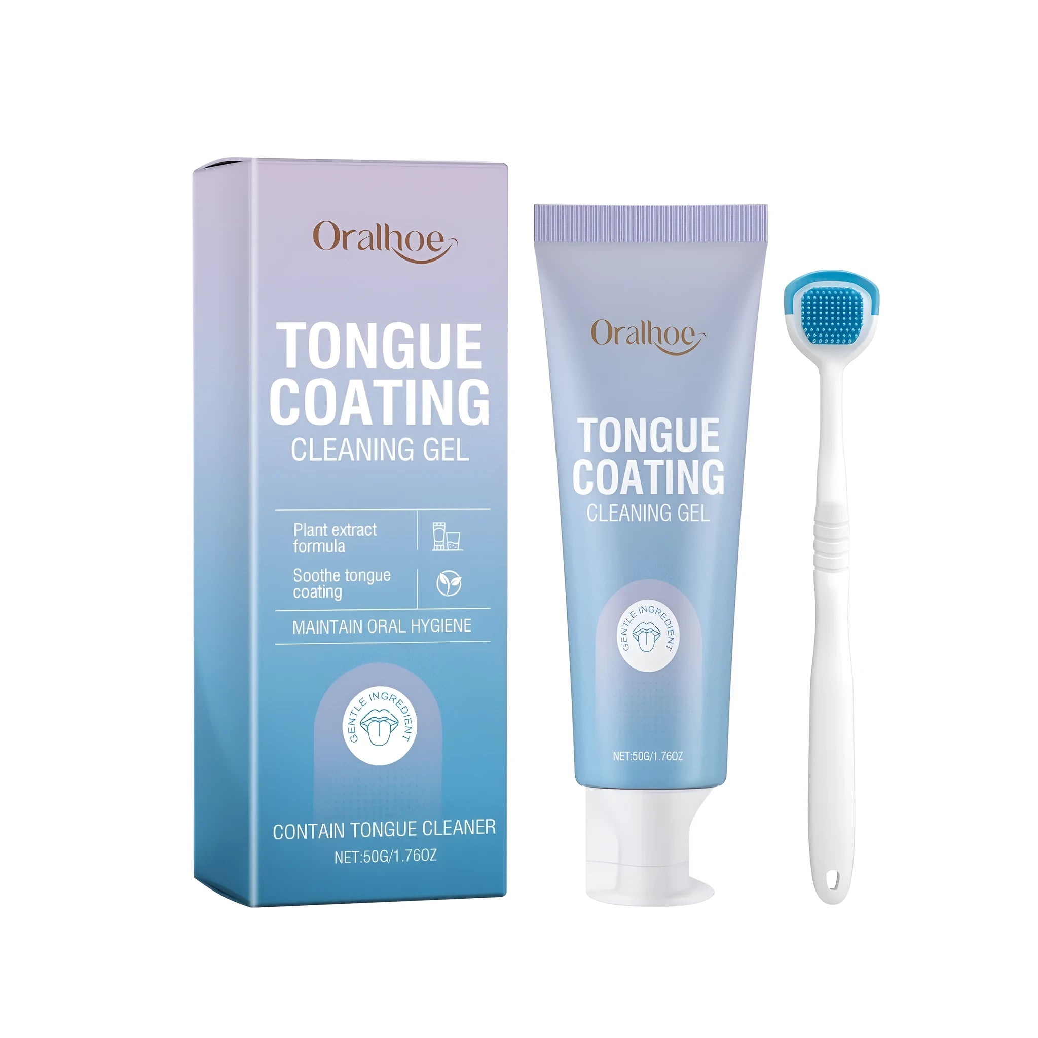 Tongue cleaning kit with 50g mint gel tube and a white tongue scraper brush on a blue background.