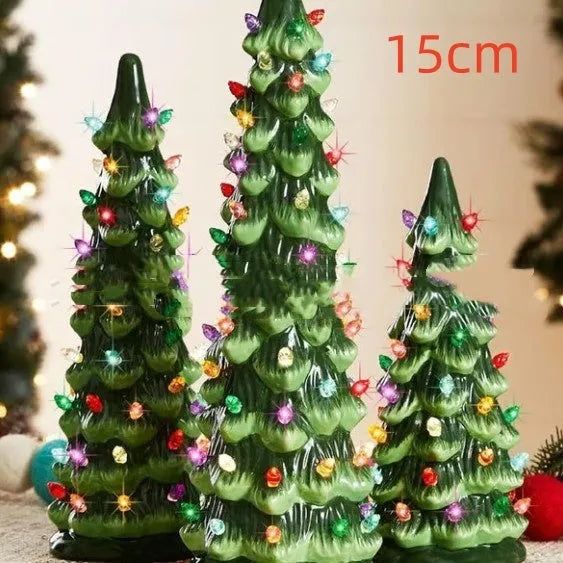 A European-style resin Christmas tree ornament with lights, shown in colour light and warm light variants.