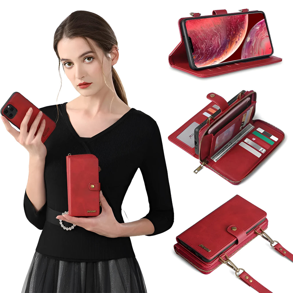Detachable magnetic wallet phone case in black showing separated protective case and leather cover