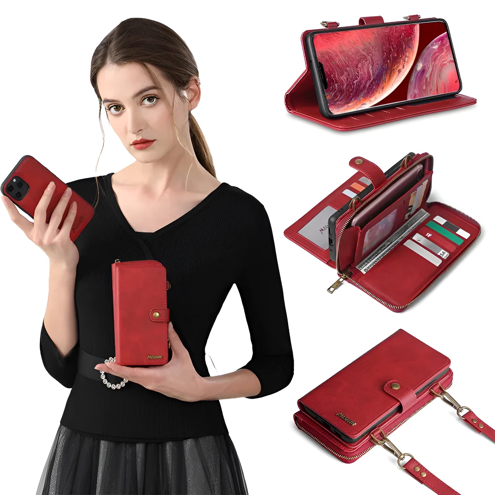 Detachable magnetic wallet phone case in black showing separated protective case and leather cover