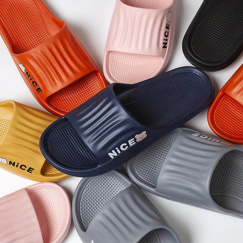 Cartoon pattern EVA flip flop slippers for adults on a plain background, showing non-slip sole and colour options.