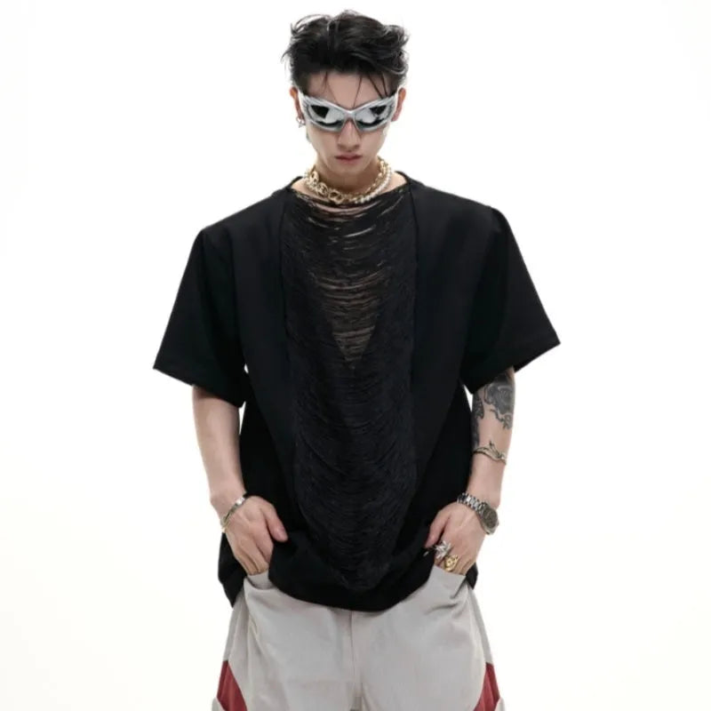Men's black hollow out V-neck T-shirt with short sleeves and tassel detailing