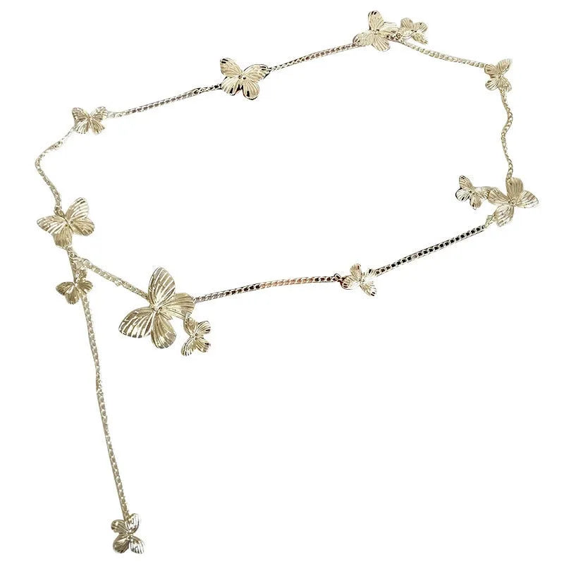 Gold or silver alloy waist chain belt with butterfly design measuring 104cm long and 40mm wide