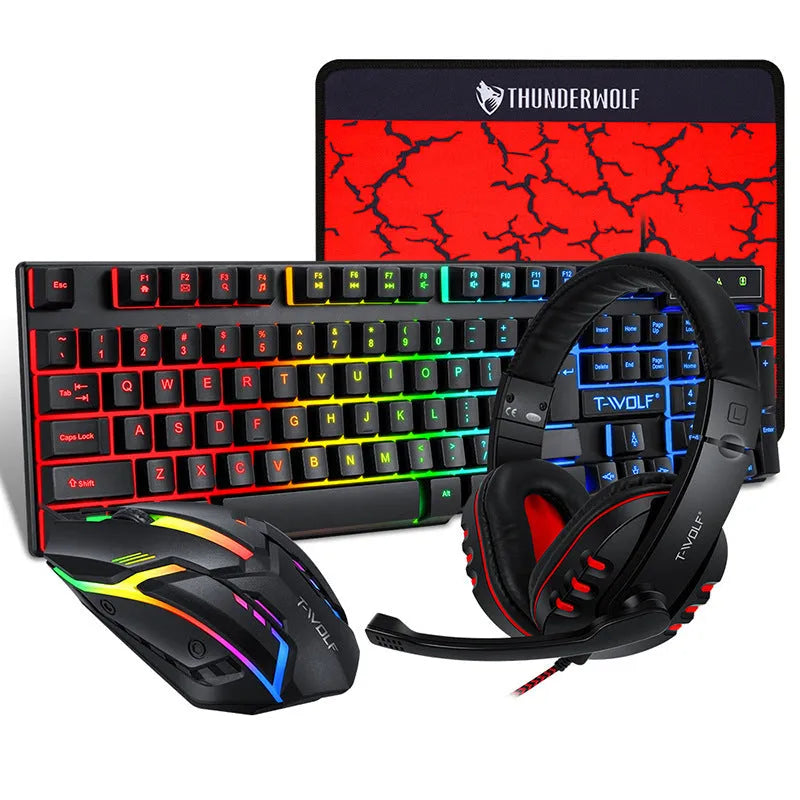 Thunder Wolf T800 wired USB gaming keyboard and mouse bundle set with headset and mouse mat on desk